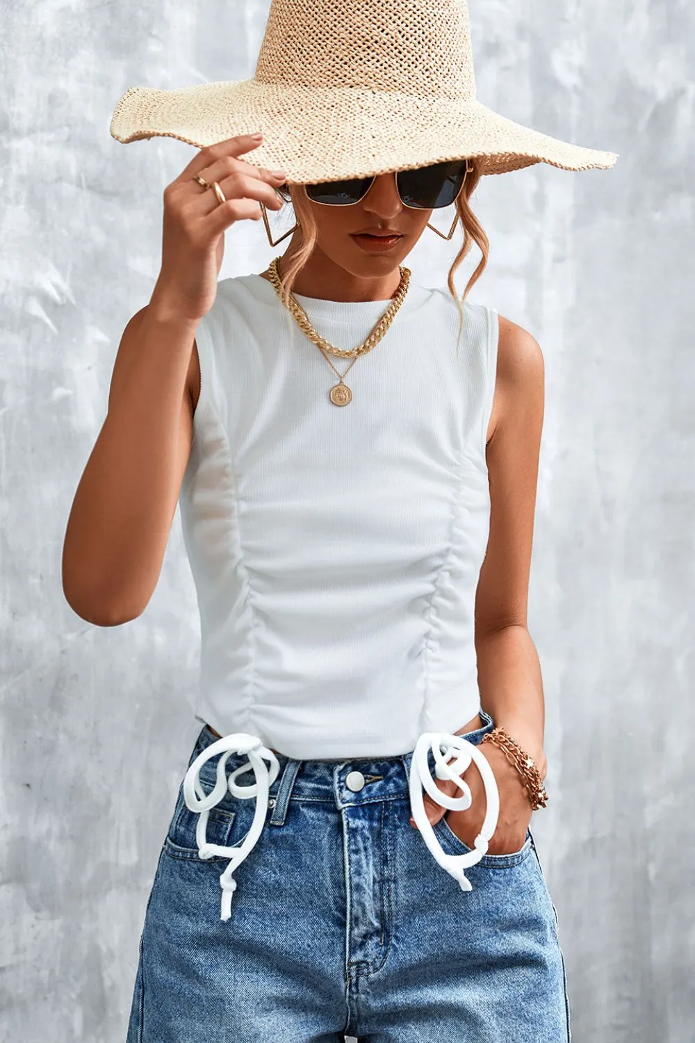 Drawstring Detail Round Neck Tank, image 2