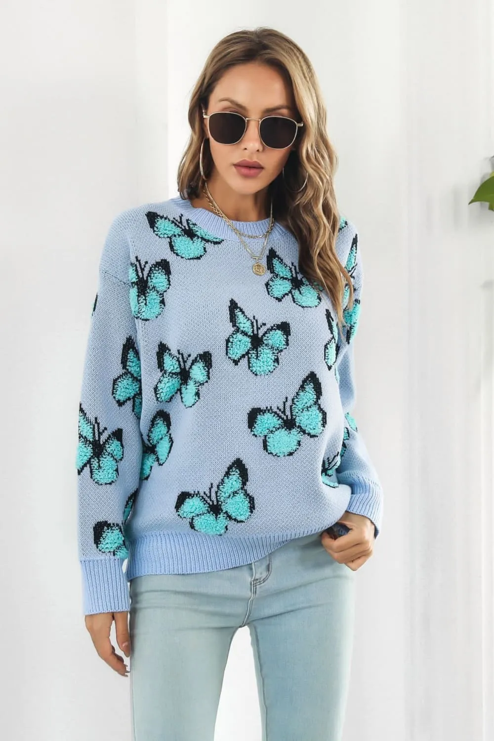Butterfly Pattern Round Neck Dropped Shoulder Sweater, image 10