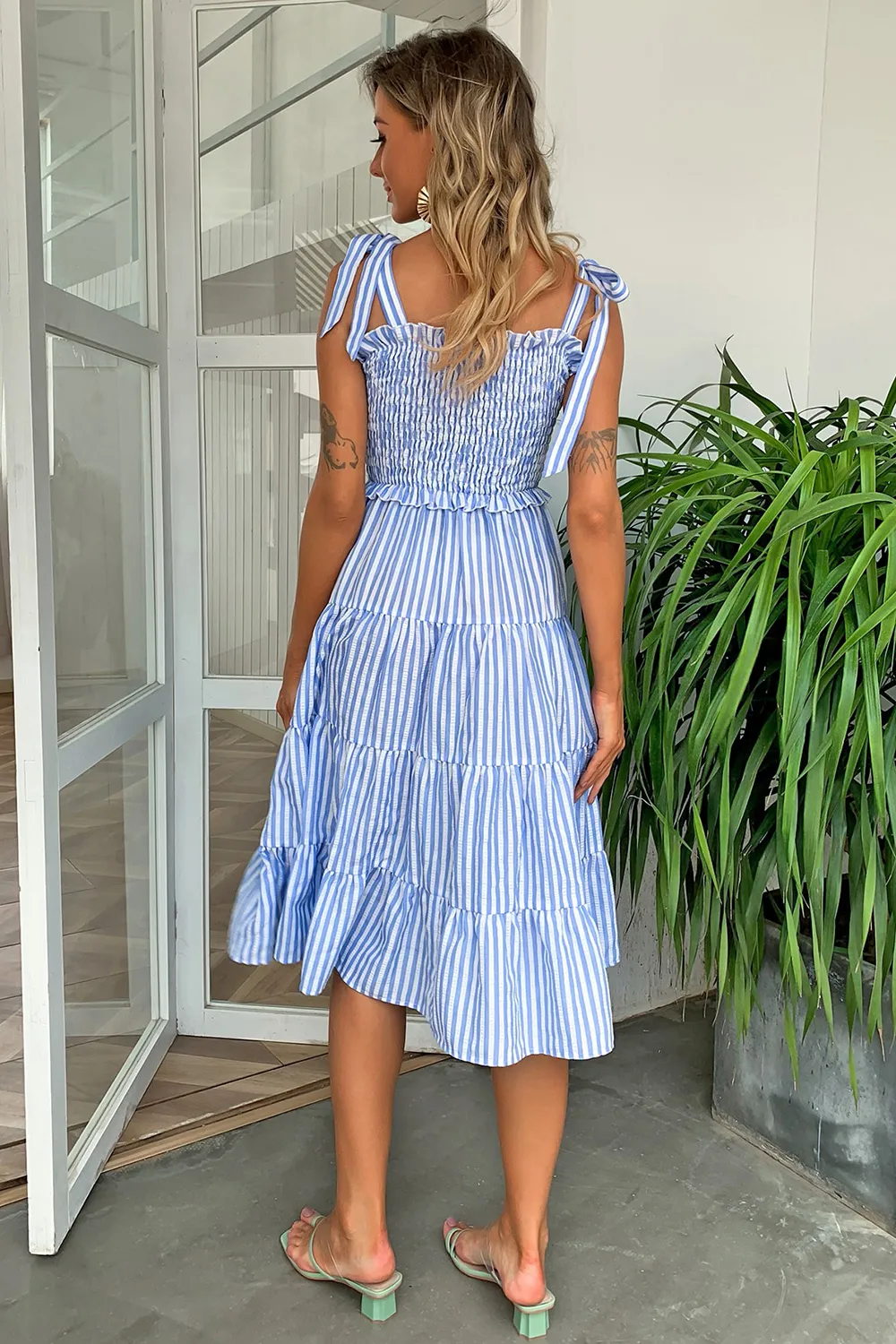 Striped Tie-Shoulder Tiered Dress, image 2