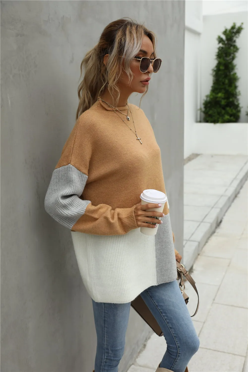 Color Block Round Neck Dropped Shoulder Sweater, image 3