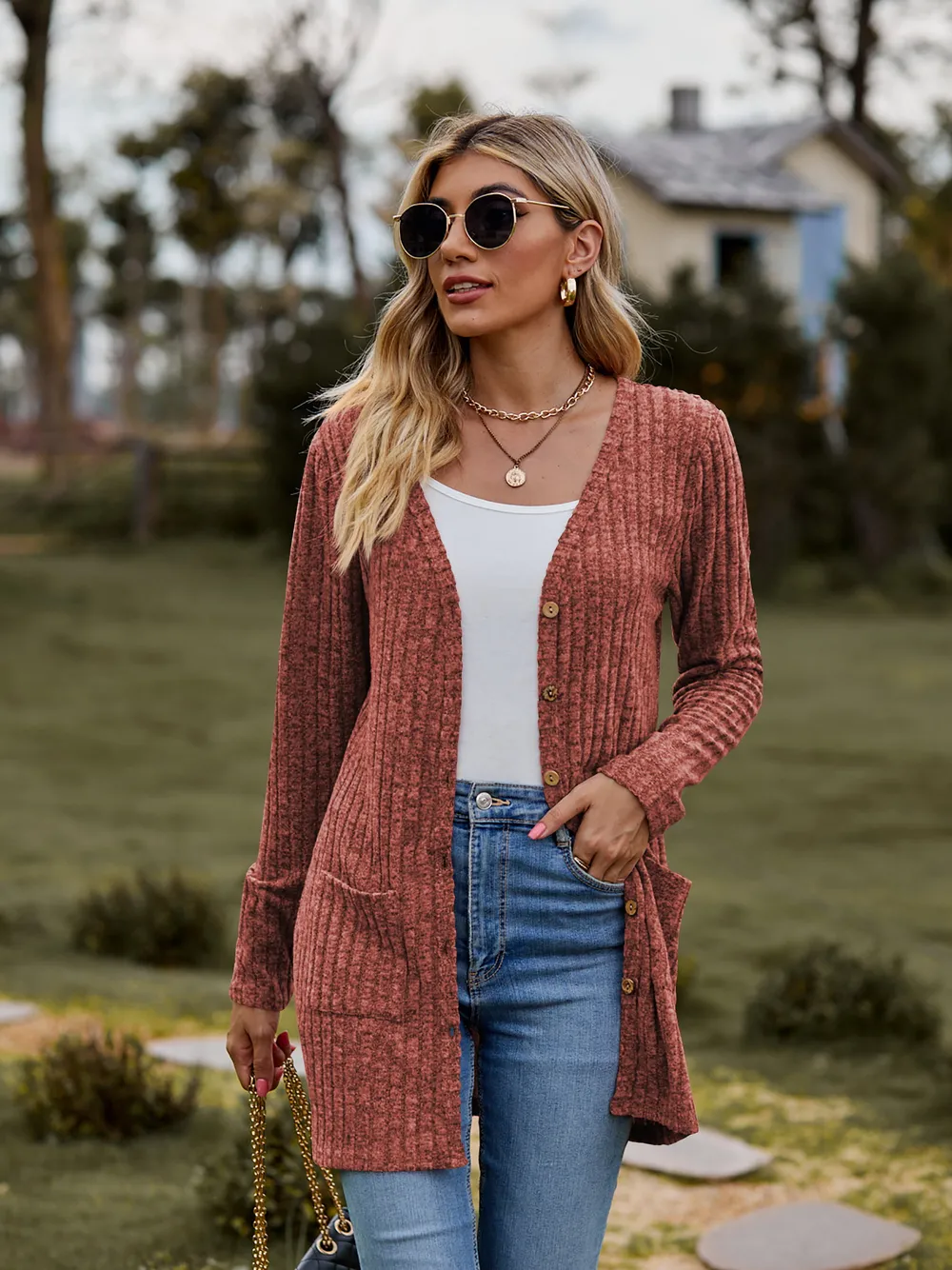 Ribbed Button-Up Cardigan with Pockets, image 25