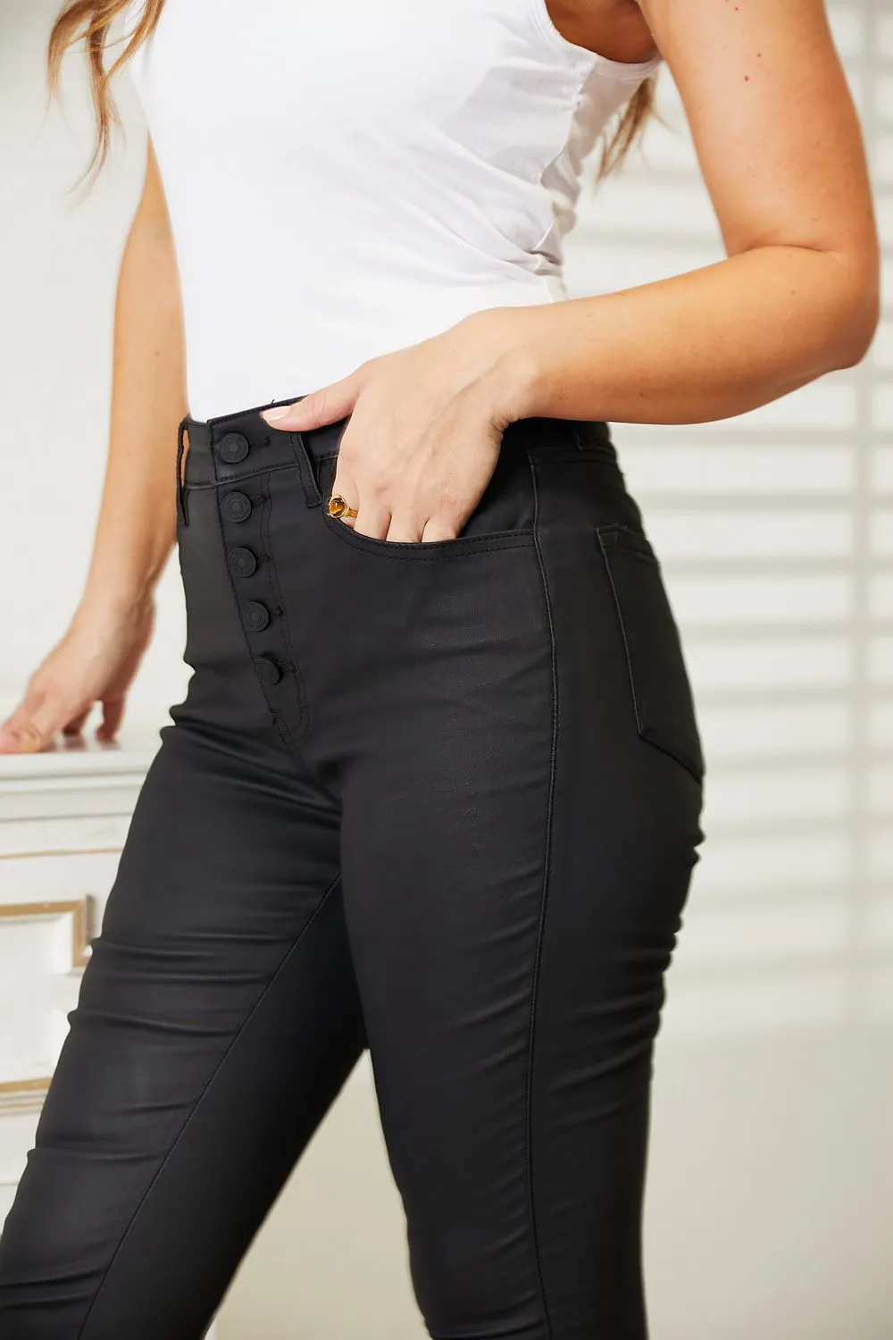 Full Size High Rise Black Coated Ankle Skinny Jeans, image 8