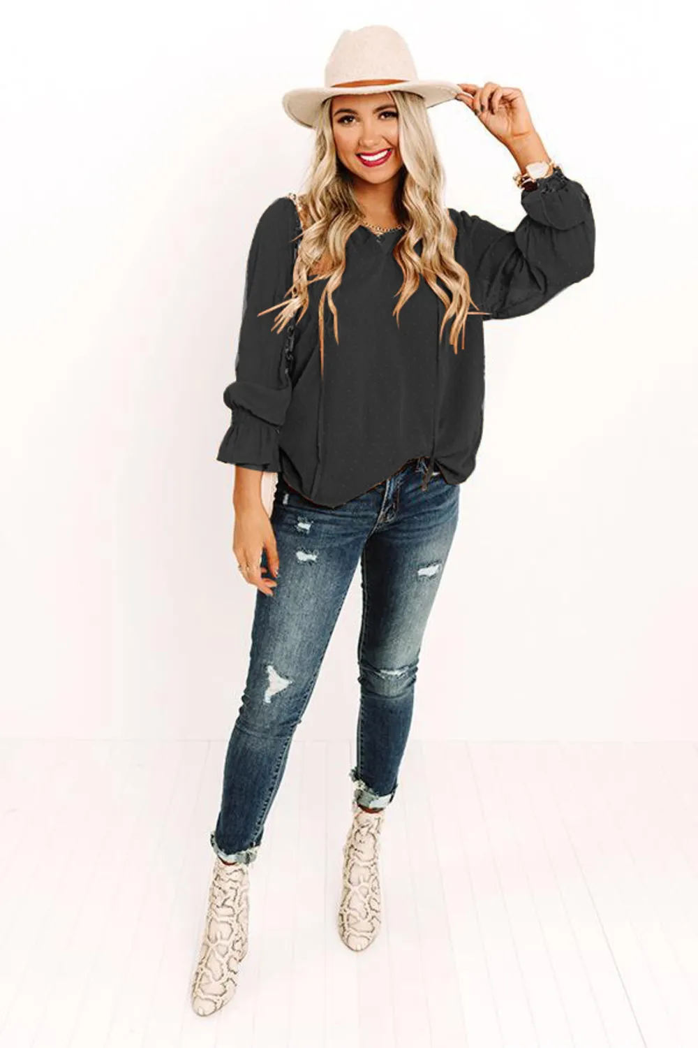 Swiss Dot Tie Neck Flounce Sleeve Blouse, image 10
