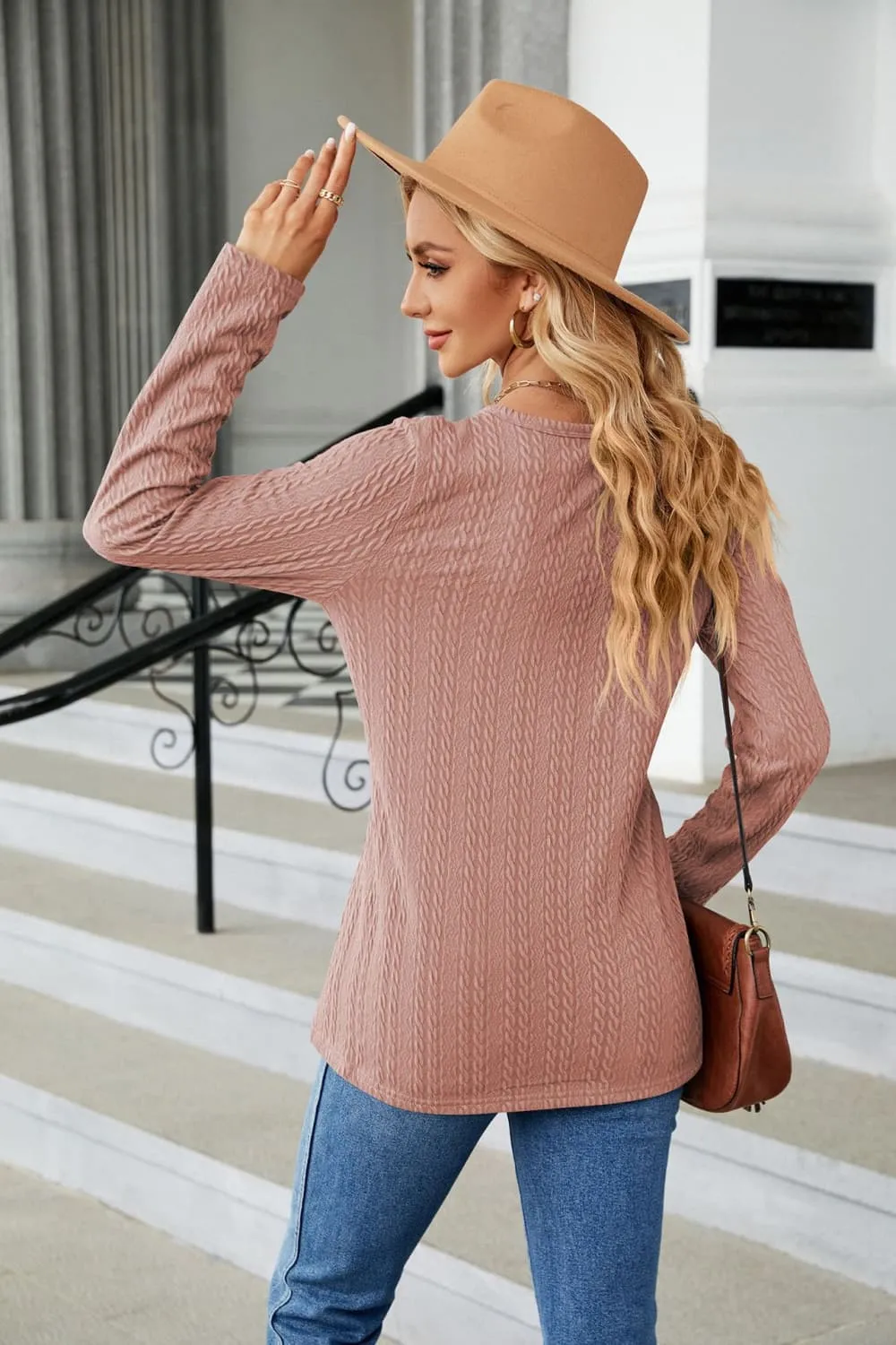 Cable-Knit Long Sleeve V-Neck T-Shirt, image 16