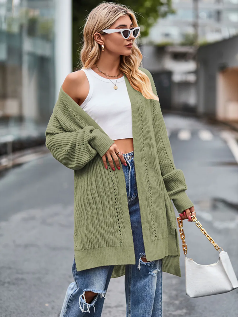 Long Sleeve Waffle-Knit Cardigan, image 7