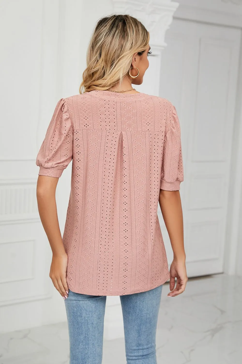 Eyelet Short Puff Sleeve Notched Neck Top, image 4