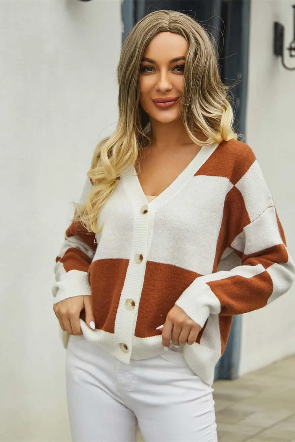 Plaid V-Neck Dropped Shoulder Cardigan, image 7