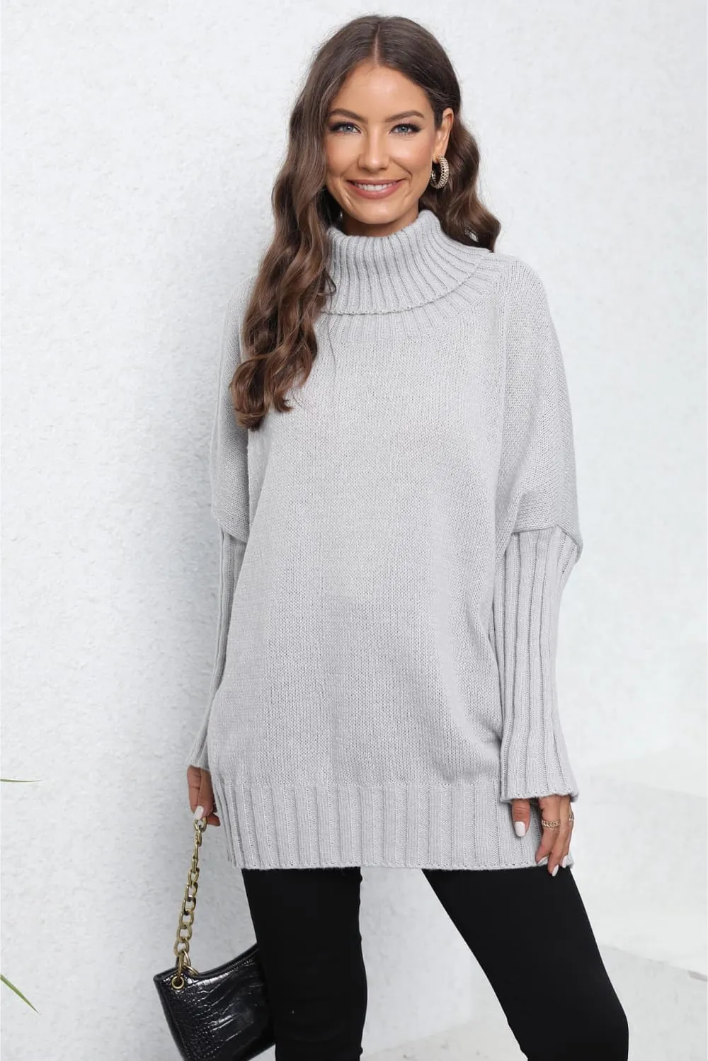 Turtle Neck Long Sleeve Ribbed Sweater, image 3