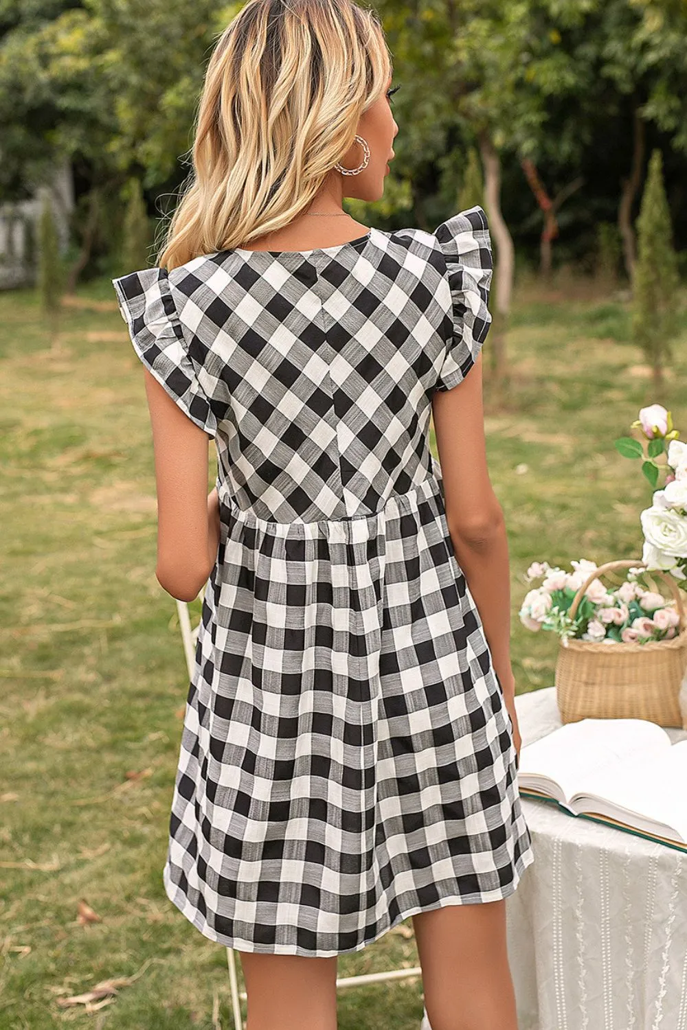 Plaid Butterfly Sleeve Deep V Dress, image 2