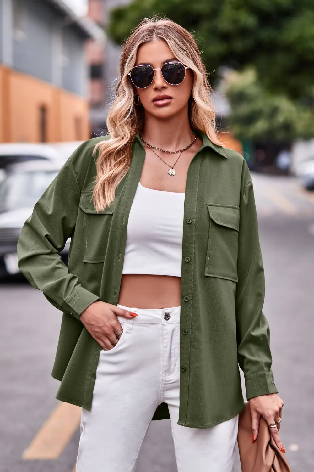 Dropped Shoulder Longline Shirt with Pockets, image 18