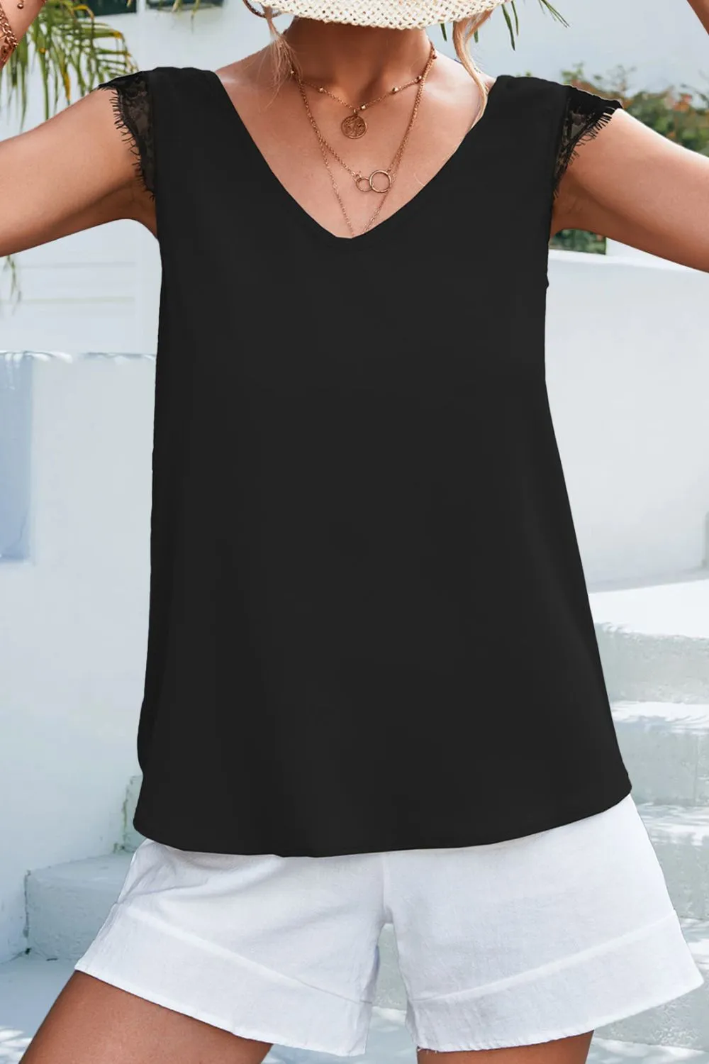 Lace Detail Eyelash Trim V-Neck Tank, image 9