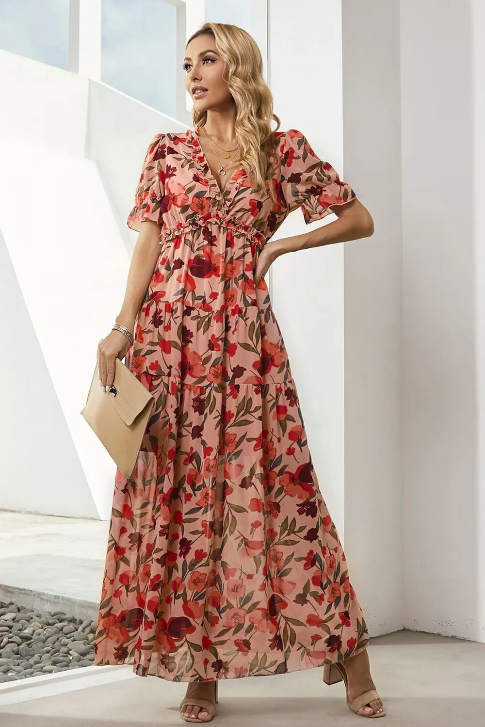 Floral V-Neck Short Flounce Sleeve Dress, image 10