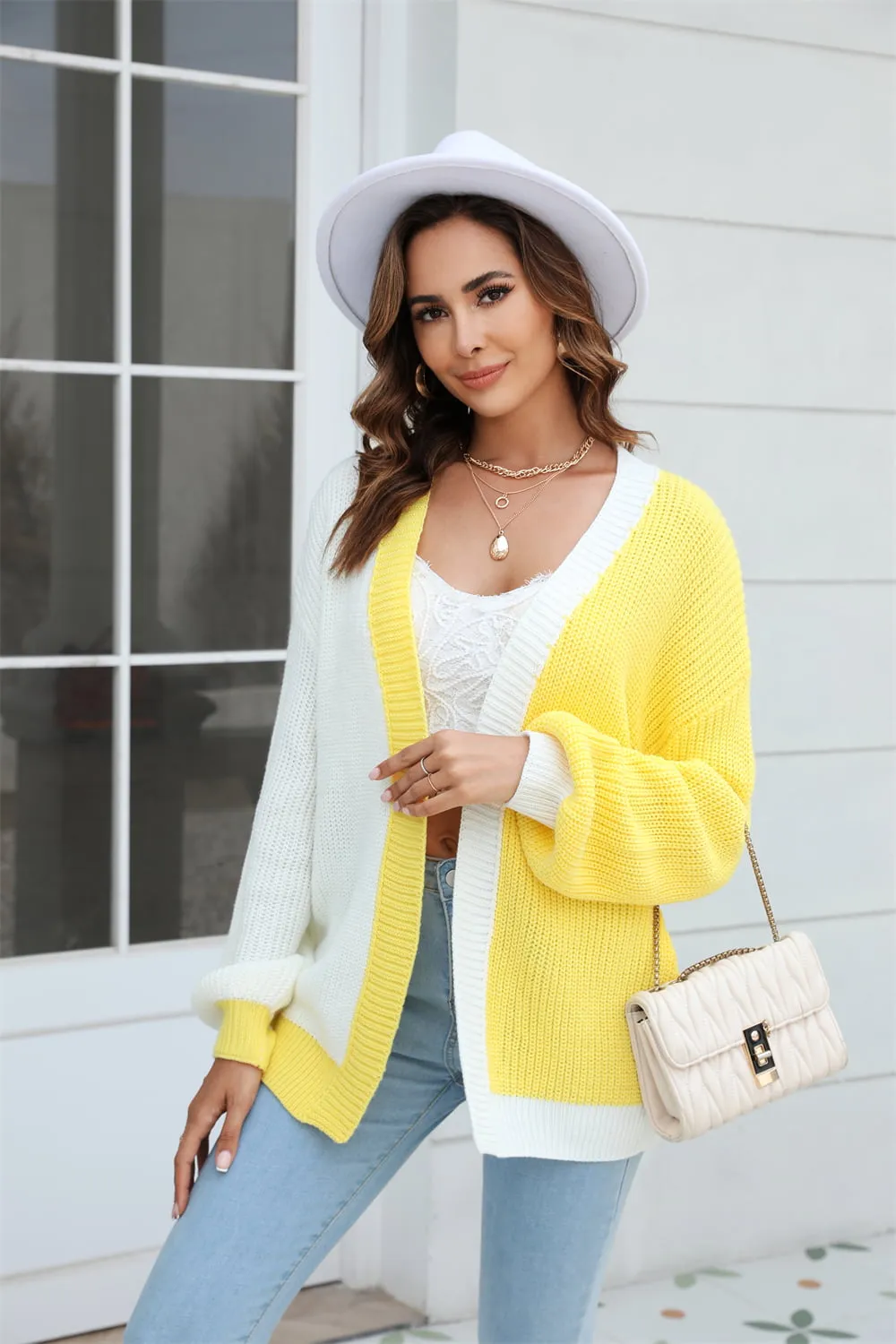 Open Front Contrast Color Balloon Sleeve Cardigan, image 9