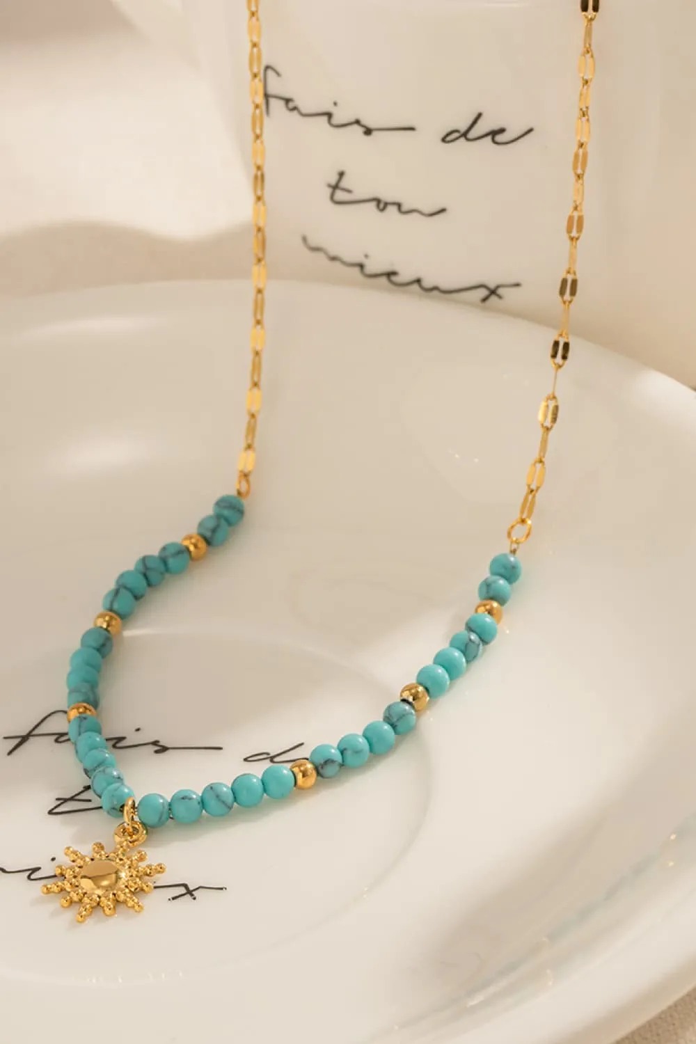 Turquoise Beaded 18K Gold-Plated Sun Shape Pendant Necklace, image 3