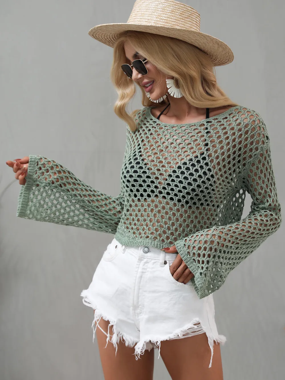 Openwork Flare Sleeve Cropped Cover Up, image 3