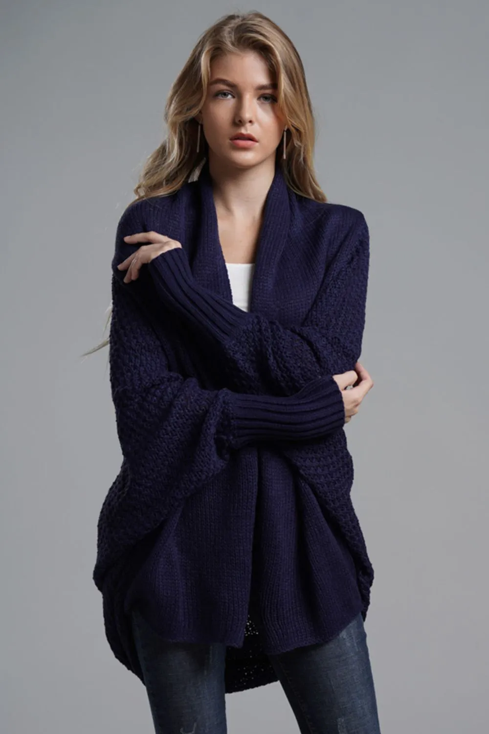 Dolman Sleeve Open Front Ribbed Trim Longline Cardigan, image 8