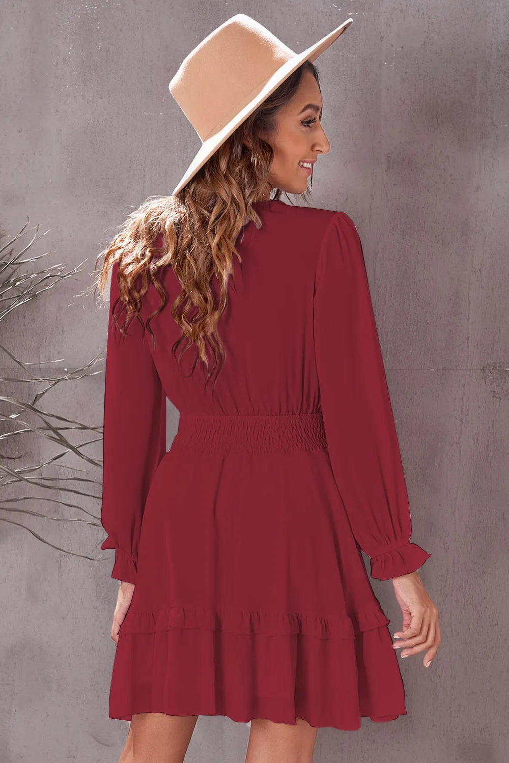 Tied Plunge Smocked Waist Flounce Sleeve Dress, image 14