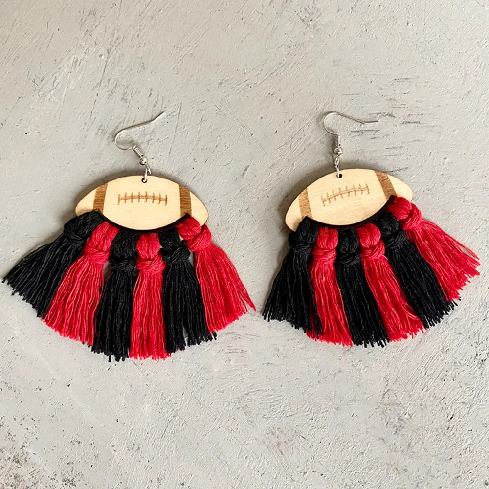 Fringe Detail Football Shape Wooden Dangle Earrings, image 3