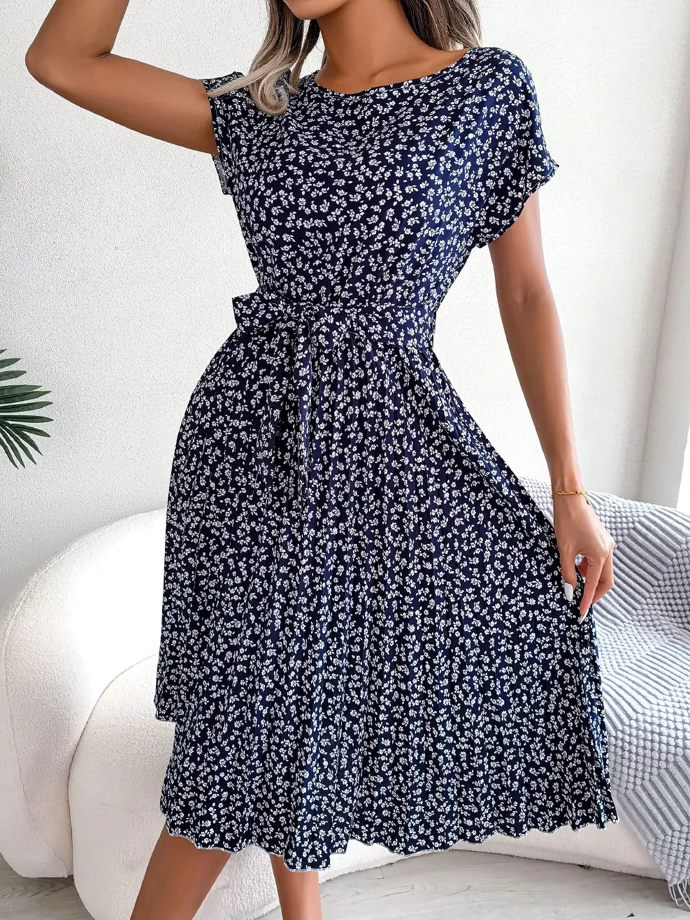 Ditsy Floral Pleated Belted Dress, image 13