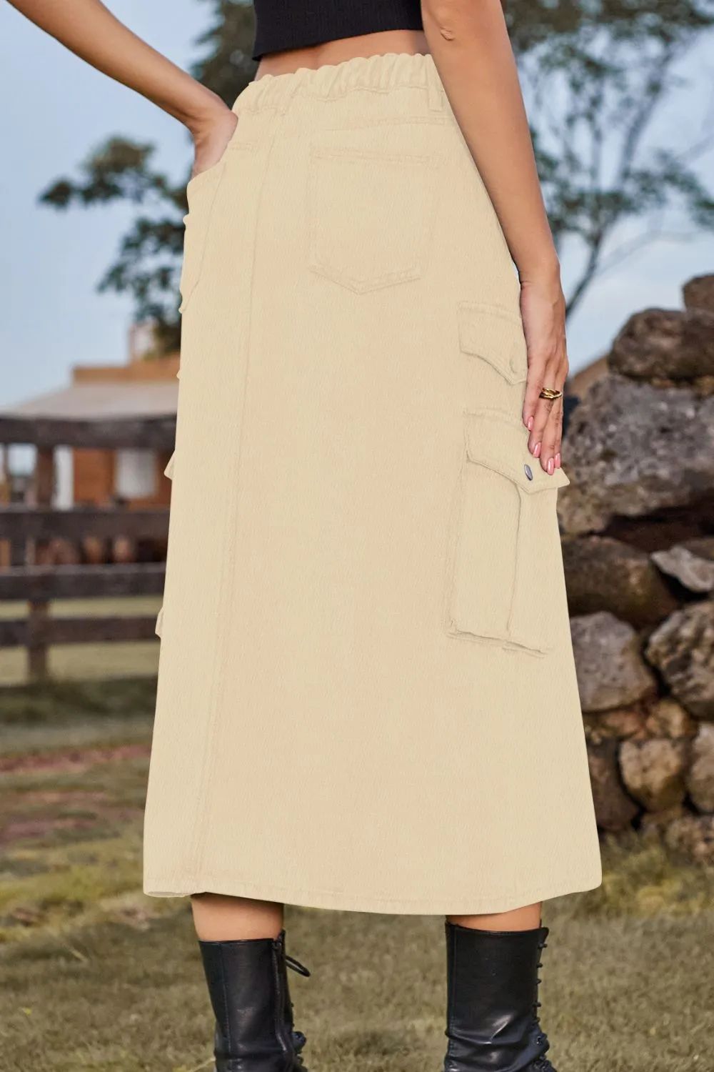 Slit Front Midi Denim Skirt with Pockets, image 15