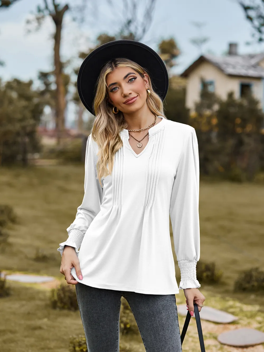 Notched Neck Flounce Sleeve Blouse, image 20
