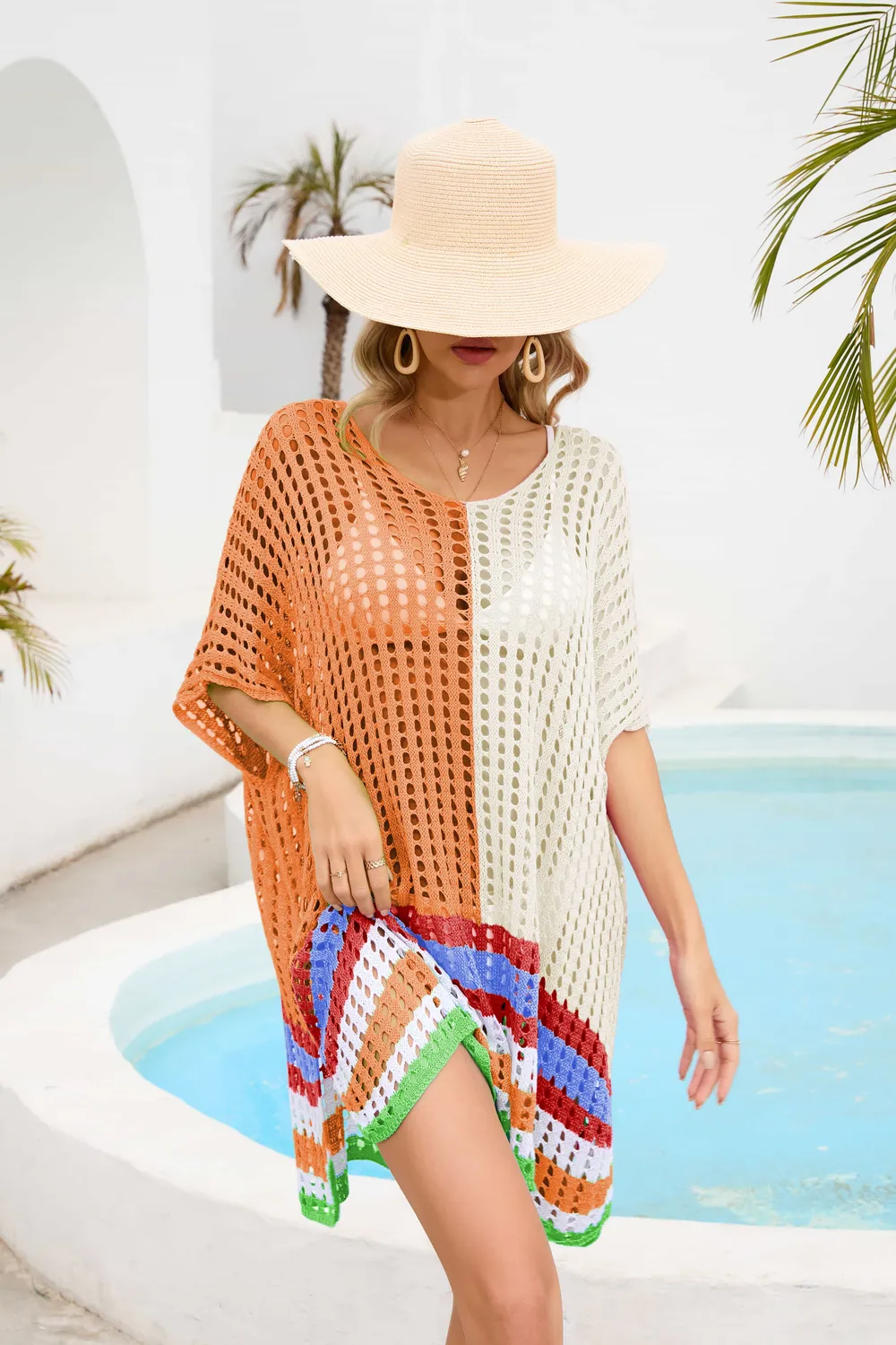 Contrast Scoop Neck Openwork Half Sleeve Cover Up, image 8