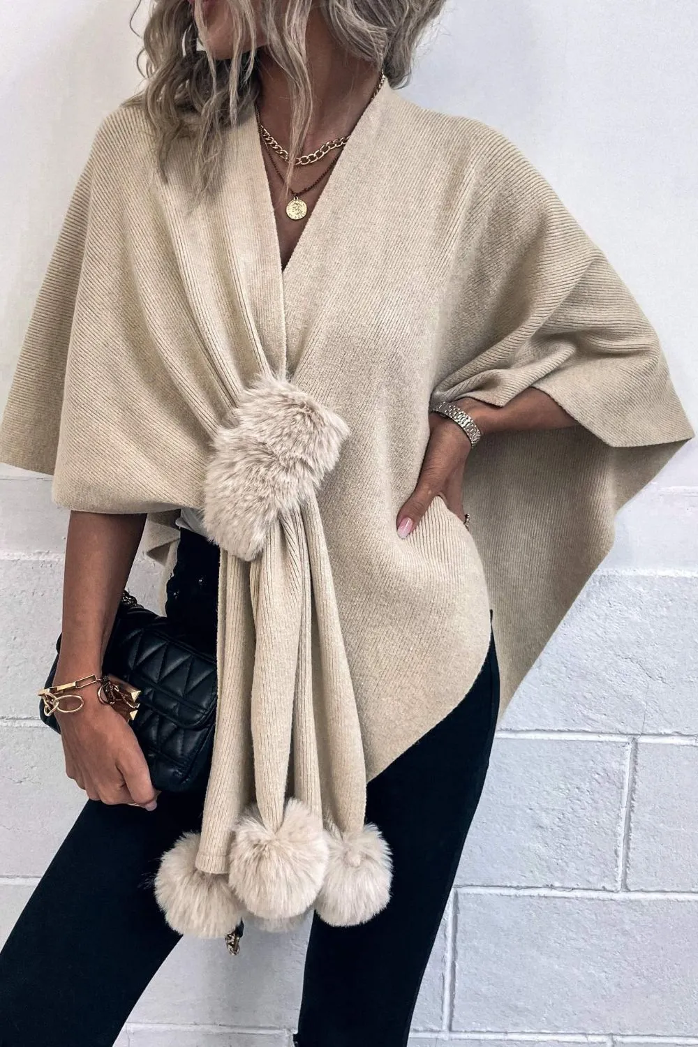 Surplice Neck Pom-Pom Trim Poncho, image 2