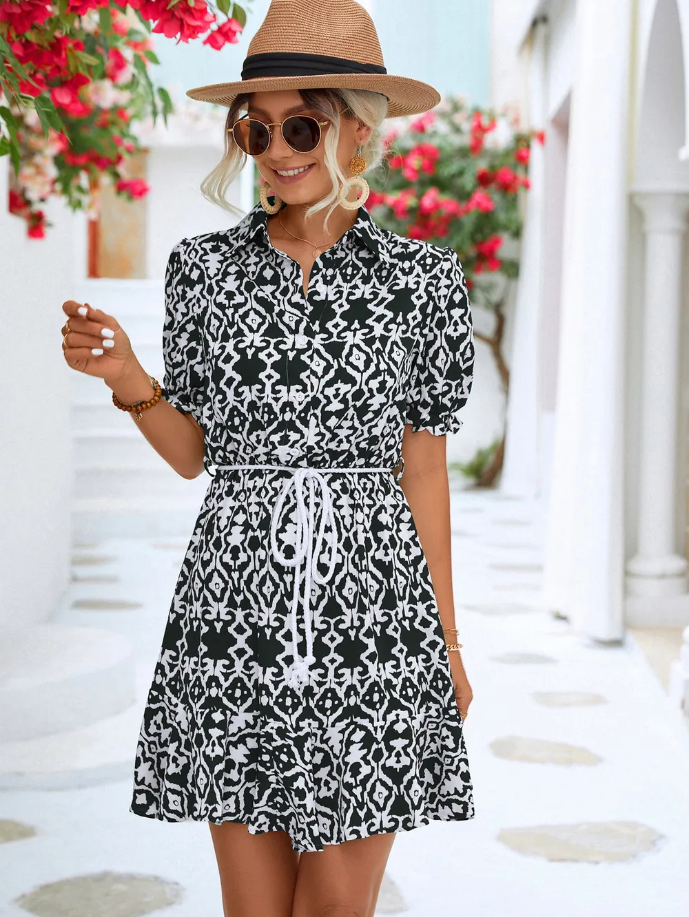 Printed Tie Waist Collared Flounce Sleeve Dress