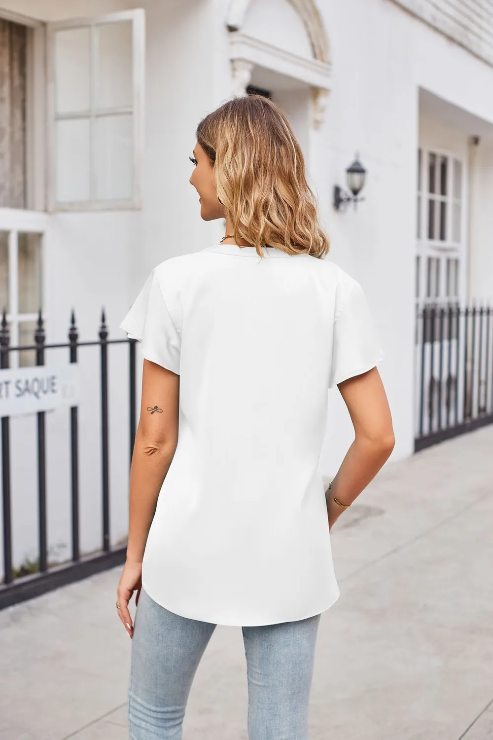 Notched Neck Flutter Sleeve Satin Top, image 11