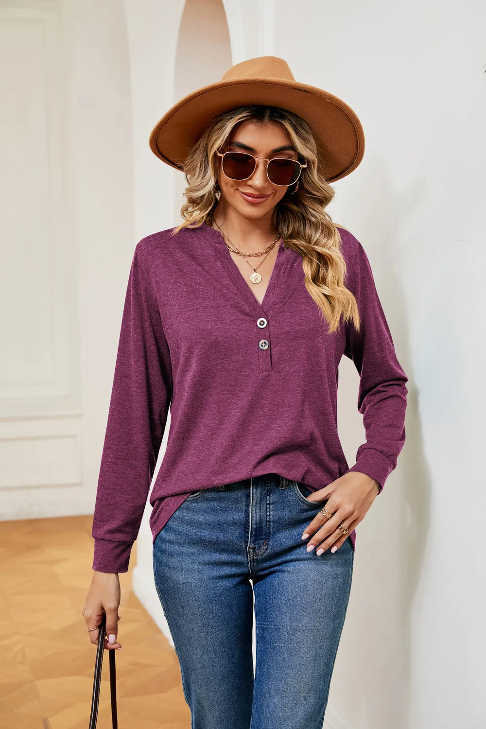 Buttoned Notched Neck Long Sleeve Top, image 17