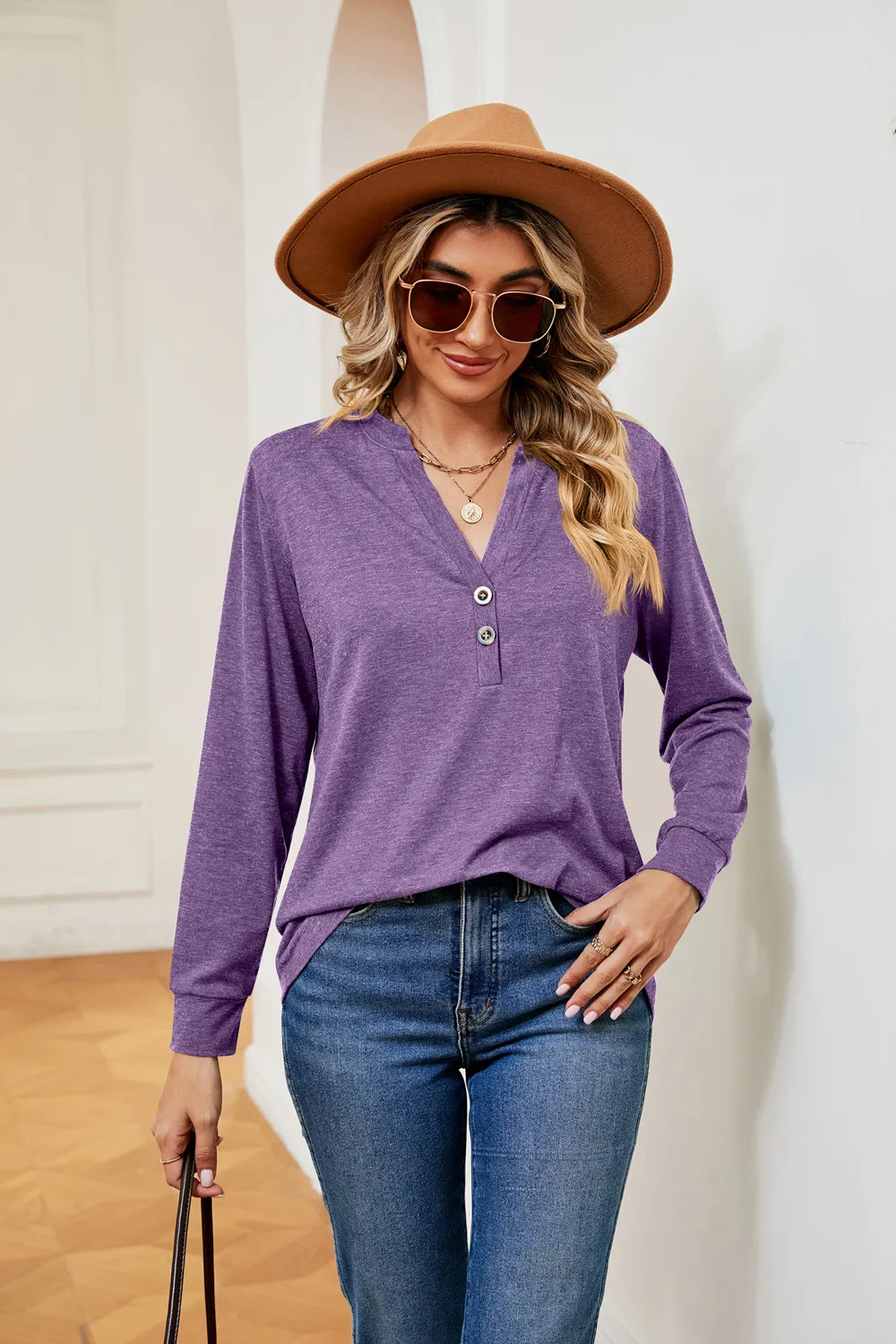 Buttoned Notched Neck Long Sleeve Top, image 25