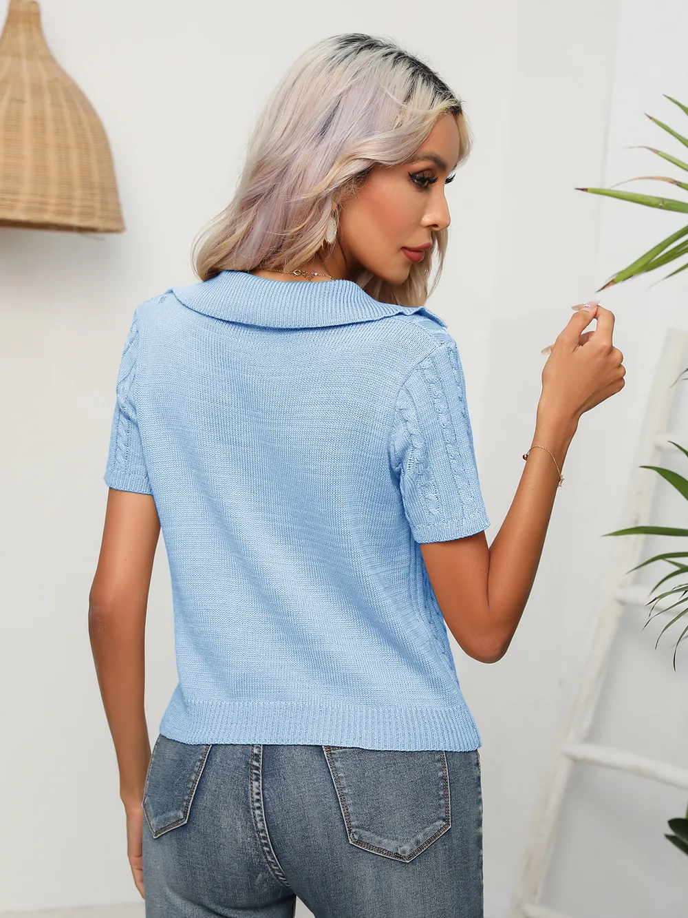 Cable-Knit Johnny Collar Short Sleeve Knit Top, image 8