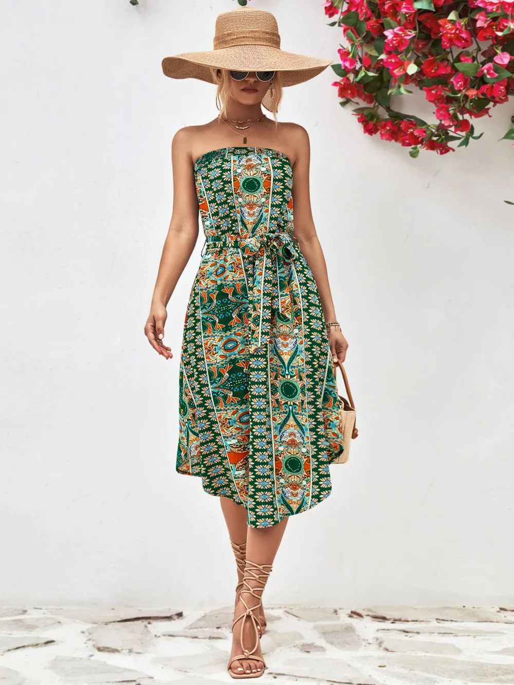 Printed Strapless Tie Belt Dress, image 17