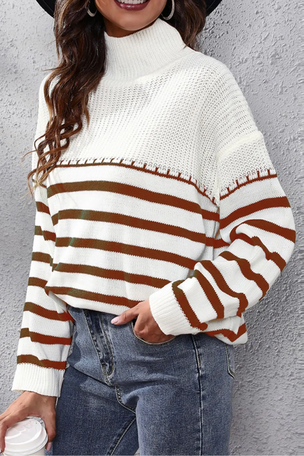 Striped Turtleneck Drop Shoulder Sweater, image 9