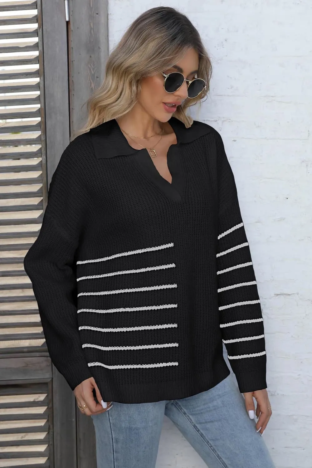 Ribbed Notched Neck Striped Long Sleeve Sweater, image 3