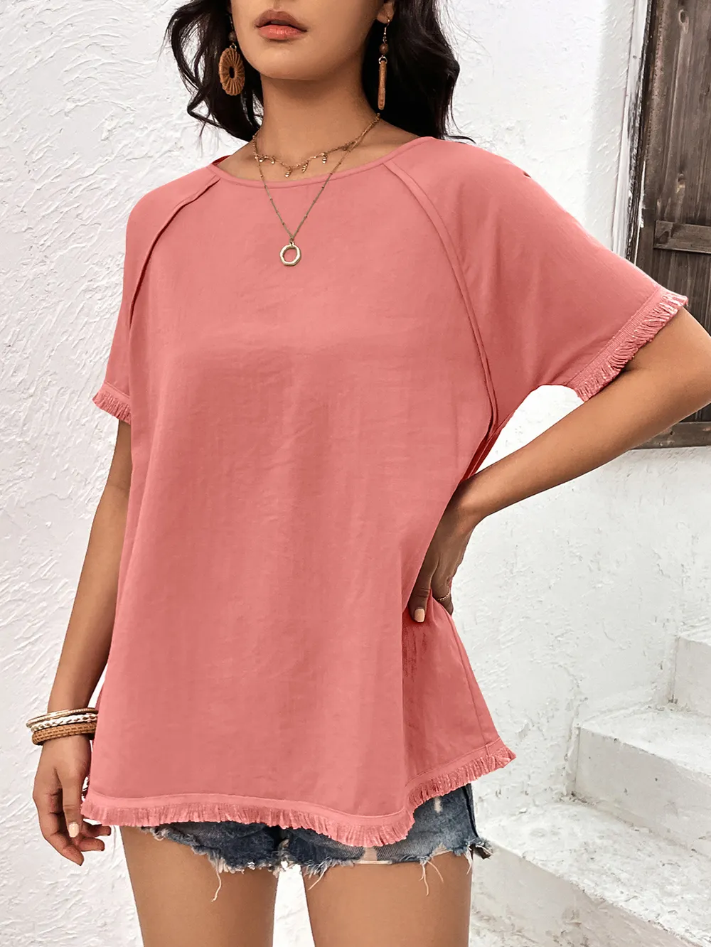 Round Neck Raglan Sleeve Fringe Detail Top, image 9