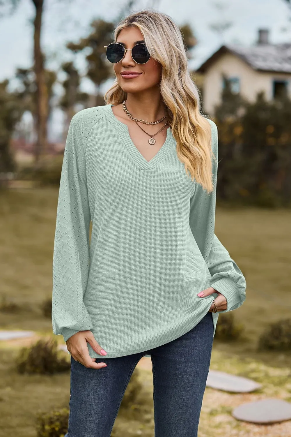 Notched Neck Raglan Sleeve Blouse, image 12