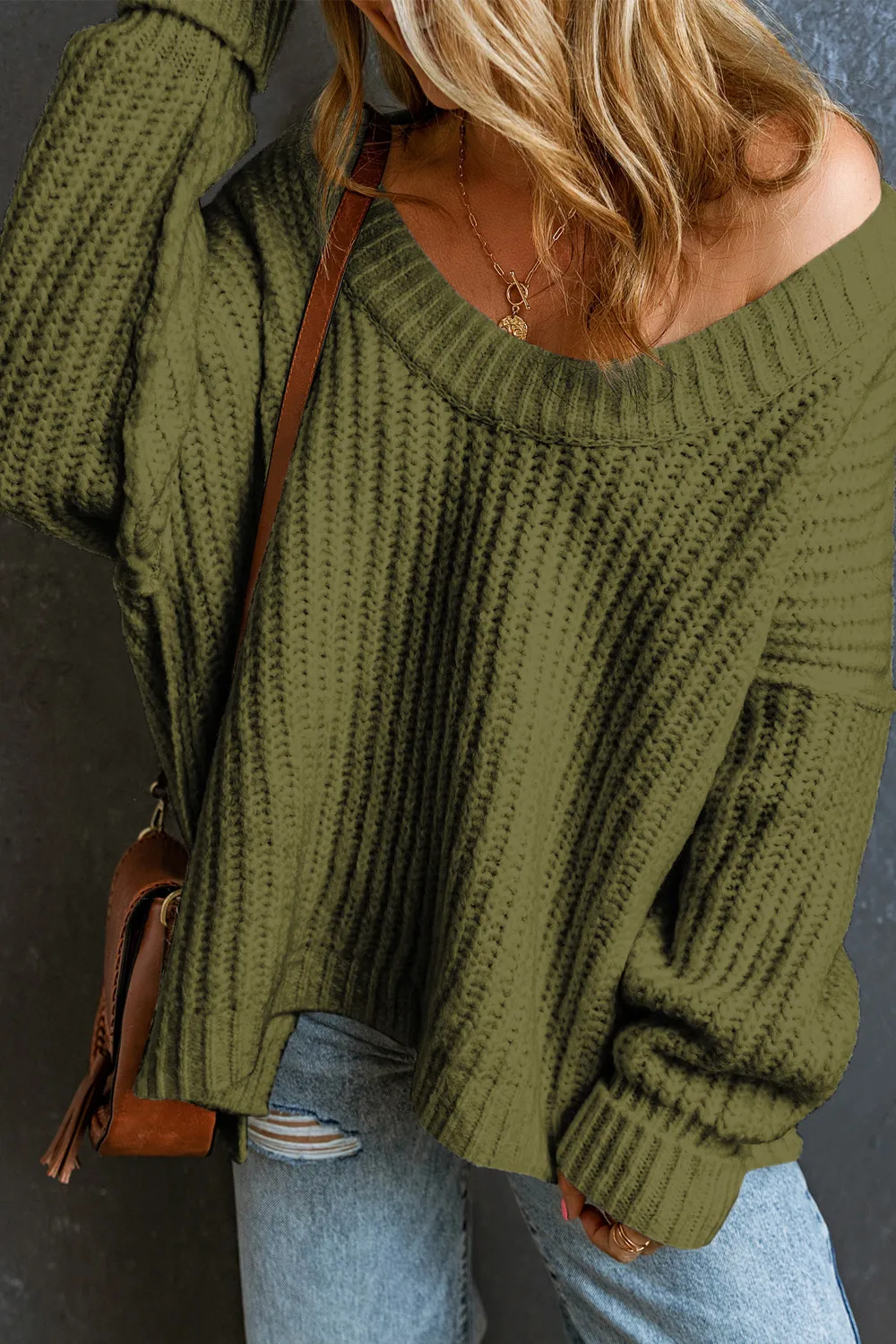 Ribbed Round Neck Dropped Shoulder Sweater, image 6