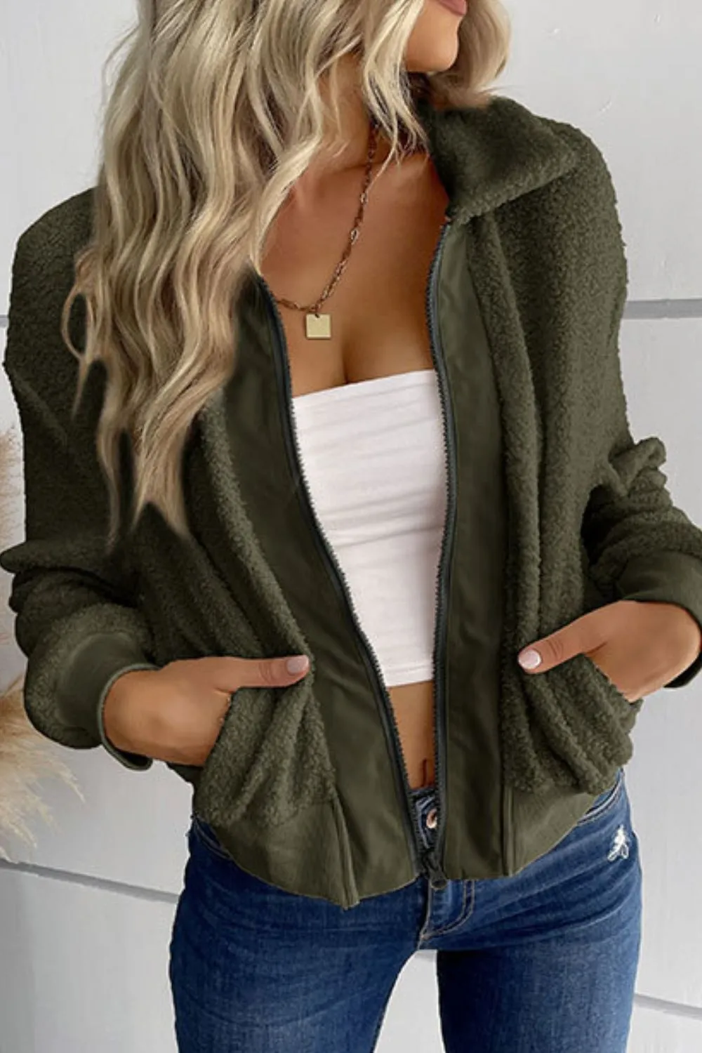Zip-Up Sherpa Collared Neck Jacket with Pockets, image 10