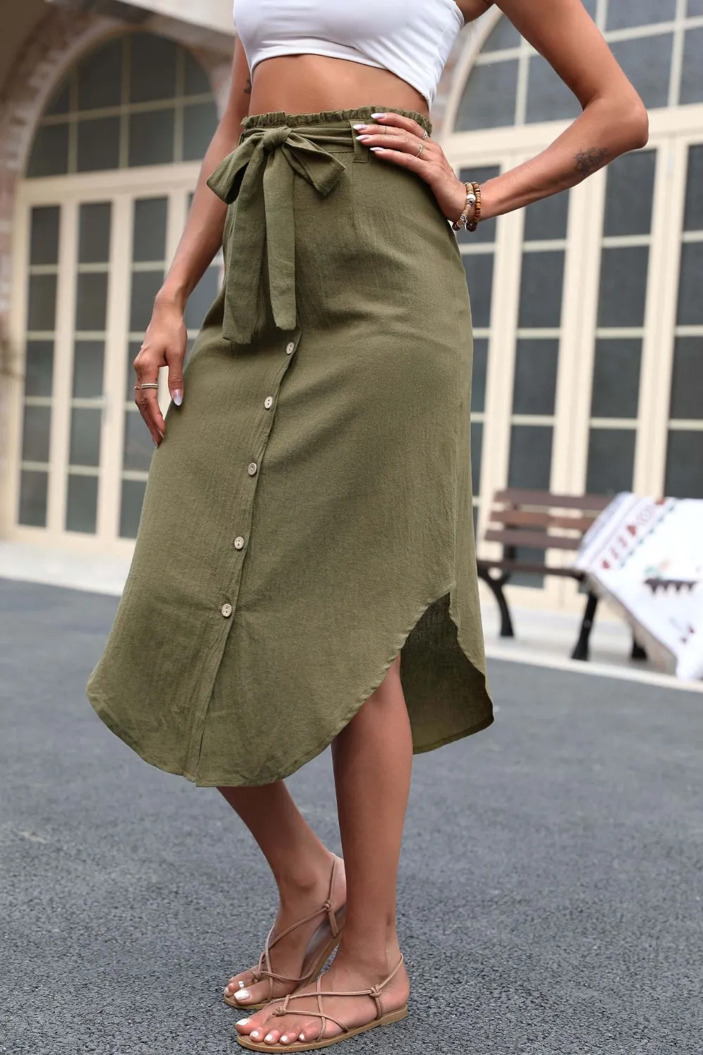 Tie Belt Frill Trim Buttoned Skirt, image 7