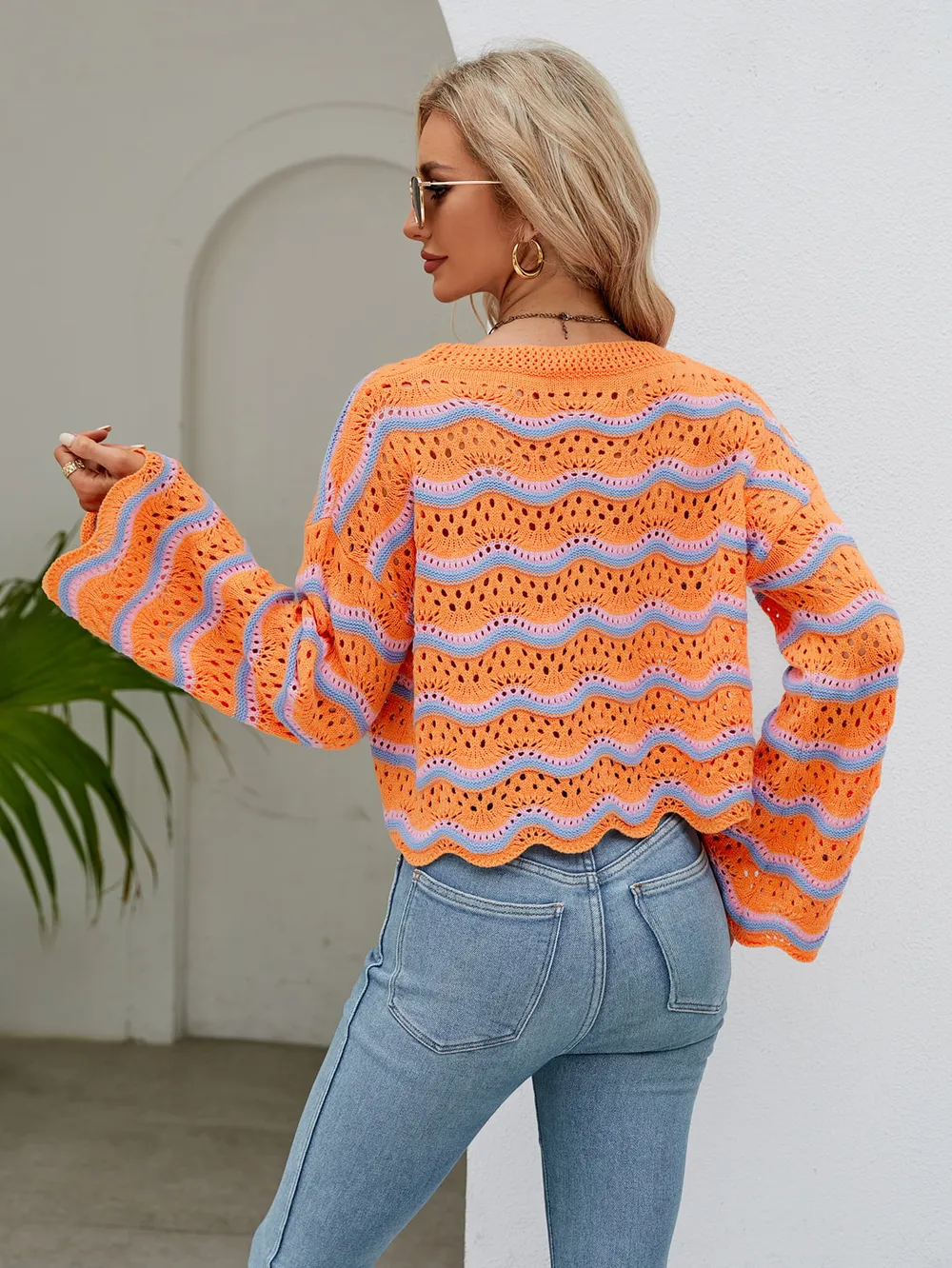 Round Neck Openwork Flare Sleeve Knit Top, image 3