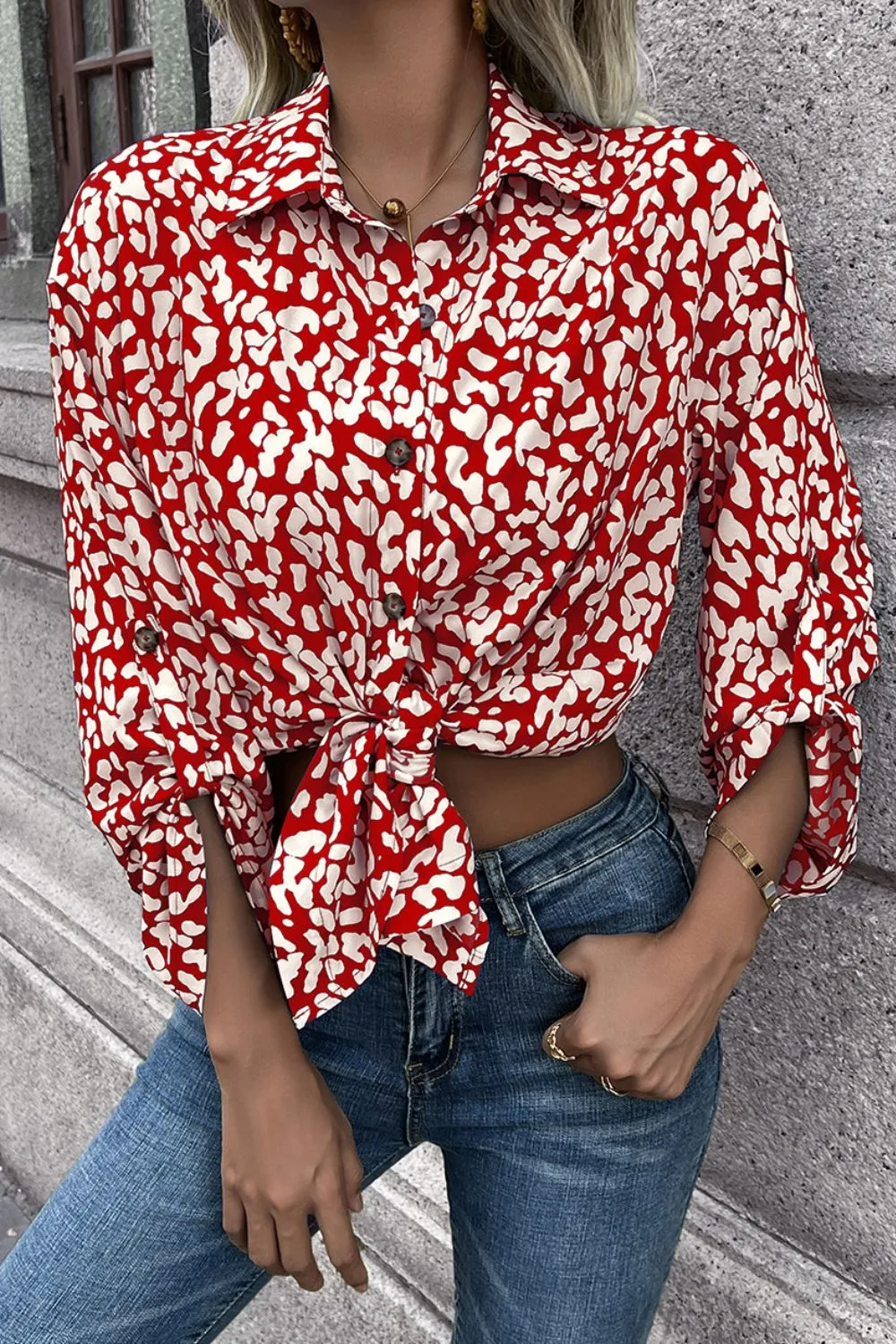 Leopard Roll-Tap Sleeve Shirt, image 11