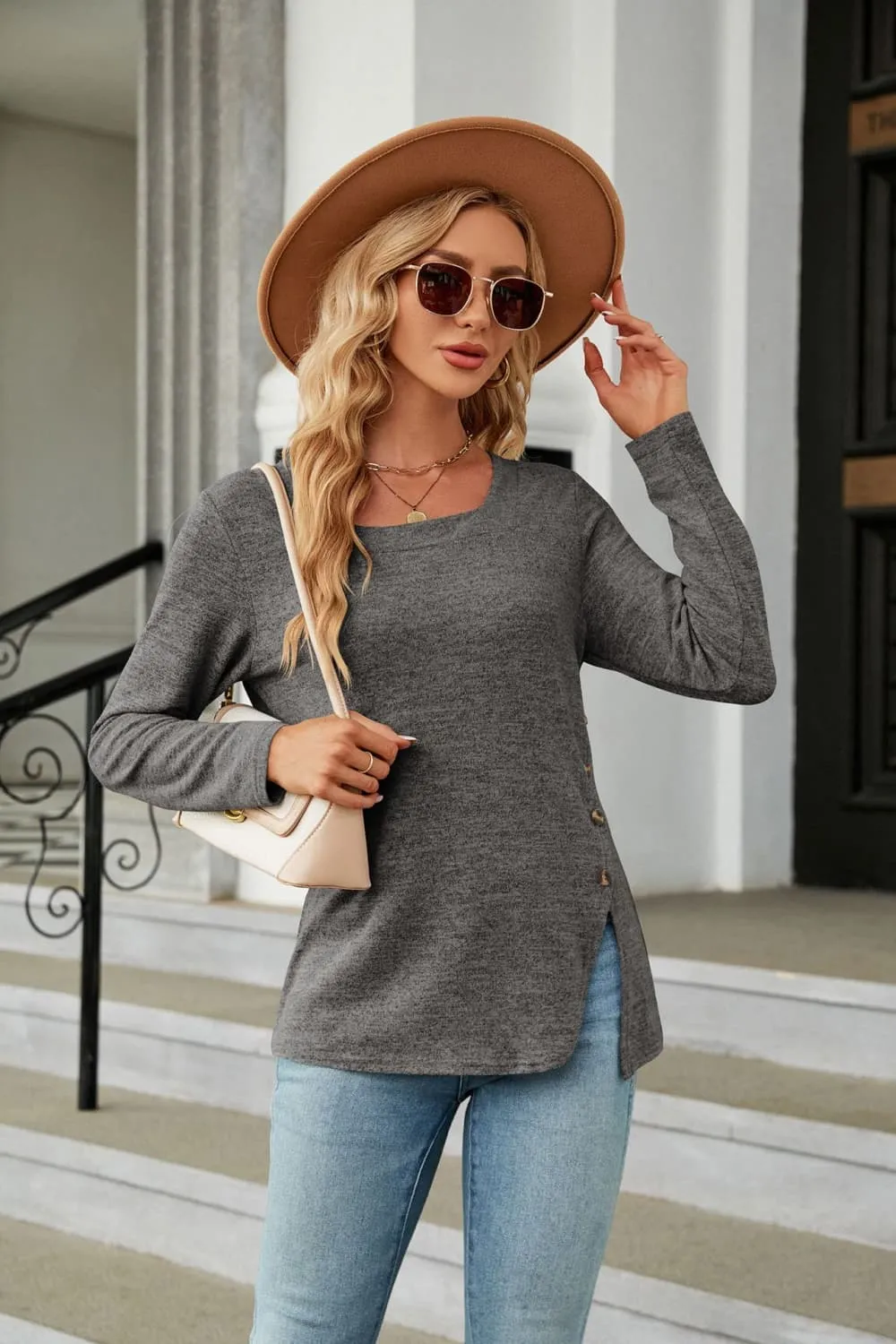 Square Neck Long Sleeve Slit T-Shirt, image 2