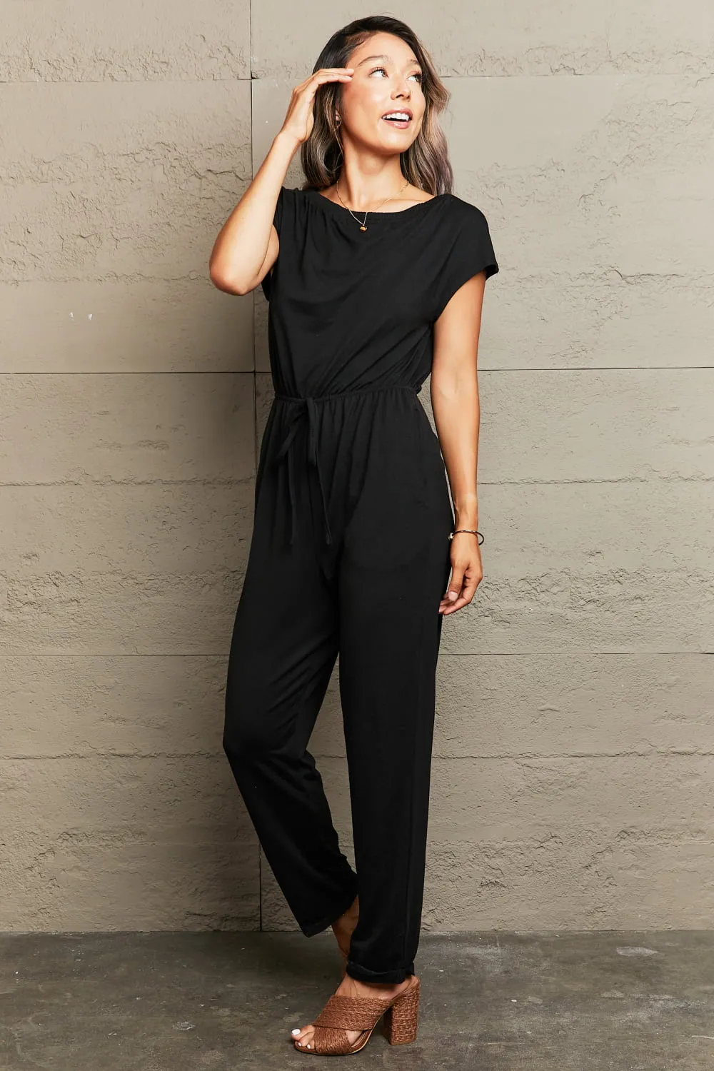 Boat Neck Short Sleeve Jumpsuit with Pockets, image 4