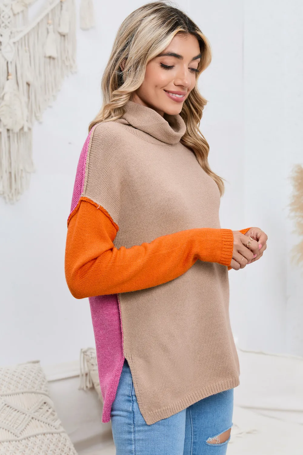 Turtle Neck Dropped Shoulder Slit Sweater, image 4
