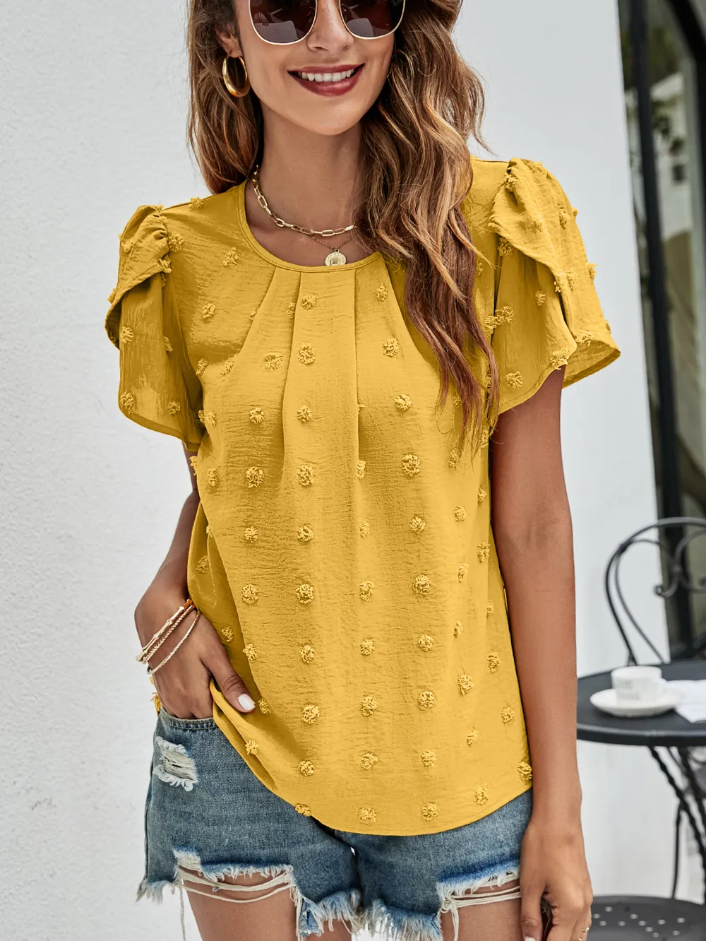 Swiss Dot Round Neck Petal Sleeve Top, image 13