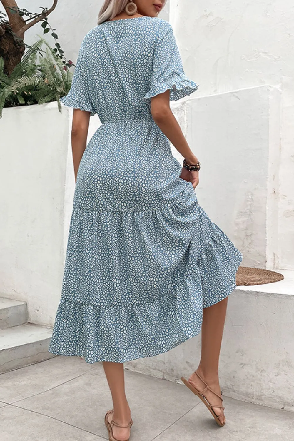 Printed Tassel Tie Flounce Sleeve Dress, image 2