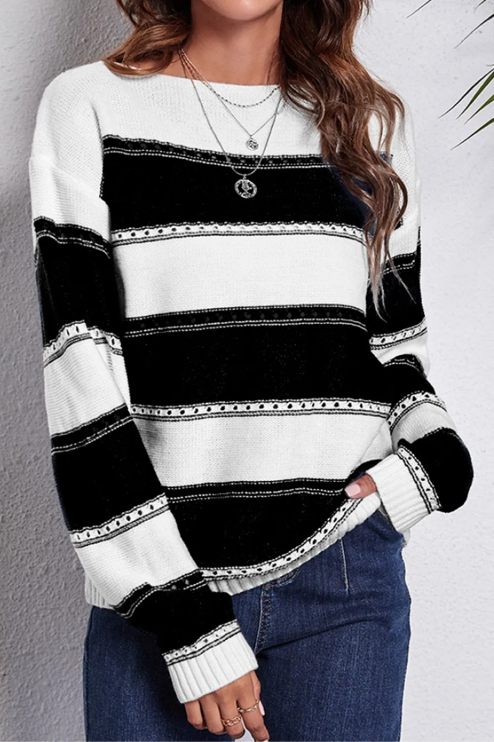 Striped Boat Neck Dropped Shoulder Sweater, image 6