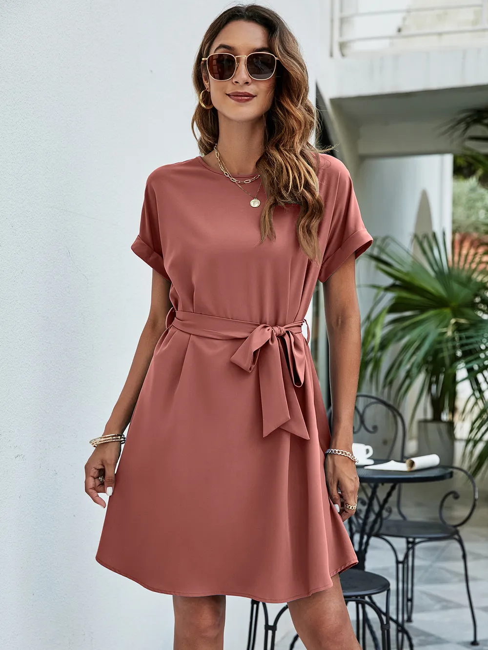 Belted Round Neck Curved Hem Dress, image 2