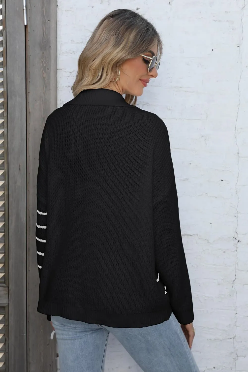 Ribbed Notched Neck Striped Long Sleeve Sweater, image 2